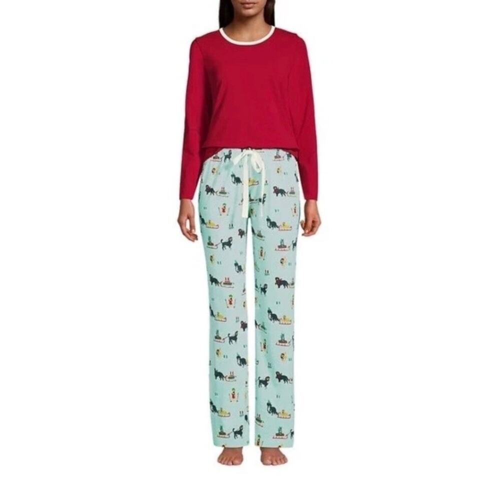 Cozy Knit Pajama Bottoms Lands End Holiday Dogs Cats Women XS Christmas Sleds